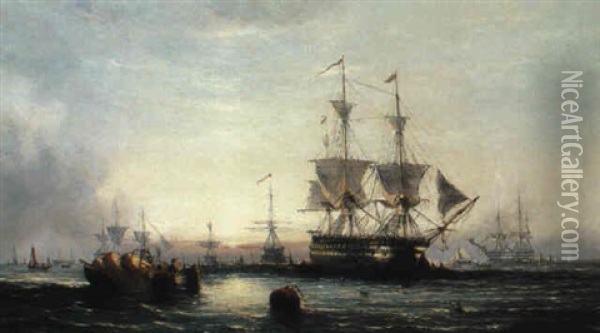 Evening In The Downs - Men Of War At Anchor Oil Painting - William Callcott Knell