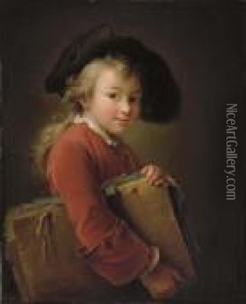 A Young Boy In A Red Jacket And Black Hat Oil Painting - Francois-Hubert Drouais