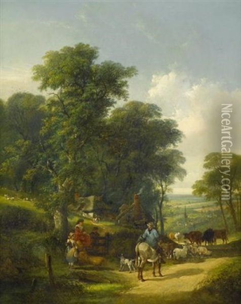 A Herdsman Cattle (sic), Passing Girl And Children Oil Painting - Charles Shayer