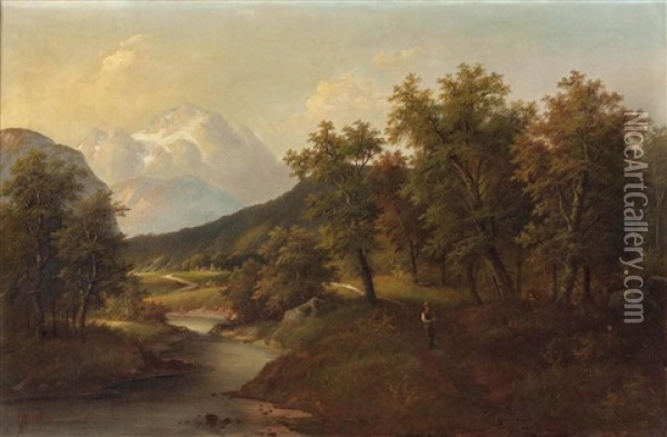 Mittelgebirgslandschaft Mit Wanderer Oil Painting - Eduard Boehm