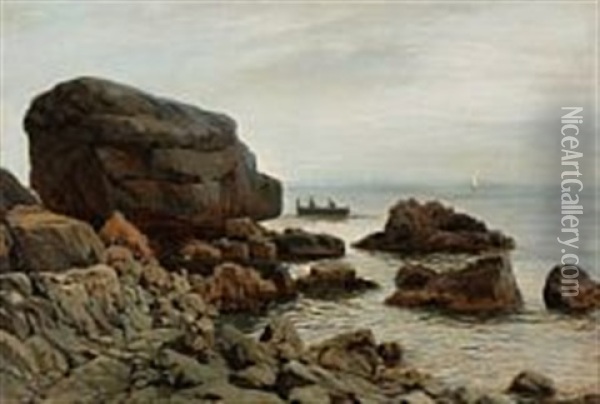 Rocky Coast, Presumably From Capri With Two Persons In A Rowboat Oil Painting - Harald-Adof-Nikolaj Jerichau