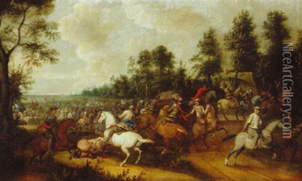 A Cavalry Engagement On A Road Oil Painting - Pieter Meulener