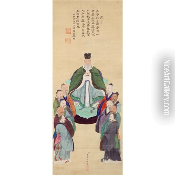 Confucius And His Ten Disciples (painting & Calligraphy) Oil Painting - Tachihara Kyosho