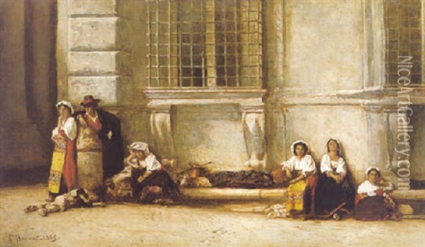 Neopolitan Peasants In Front Of The Farnese Palace, Rome Oil Painting - Leon Bonnat