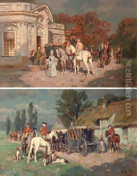 Arriving At The Pavilion; And A Rest From The Hunt Oil Painting - Wilhelm Velten