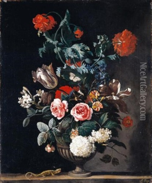 Still Life Of Flowers, Including Roses, Tulips And Chrysanthemums, In A Stone Vase With Butterflies And A Lizard Oil Painting - Abraham Jansz. Begeyn