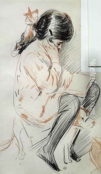 Paulette Reading Sitting on her Toy Dog Oil Painting - Paul Cesar Helleu