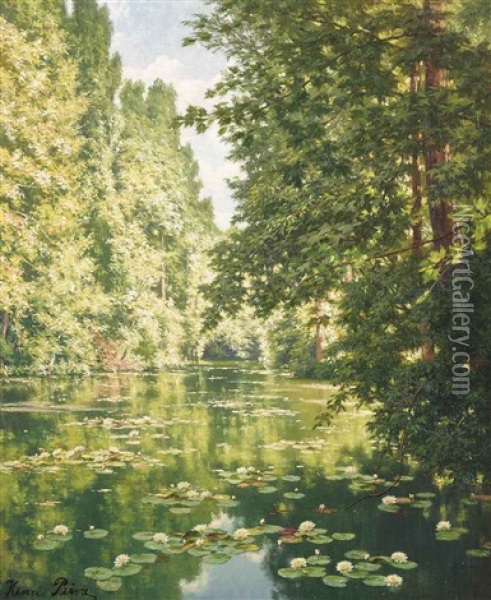 Water Lilies On The Marne At Creteil Oil Painting - Henri Biva