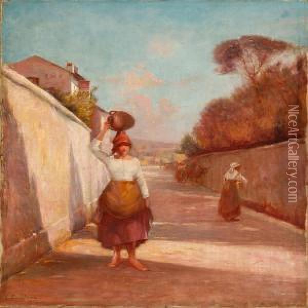 An Italian Woman Carrying A Jar Oil Painting - Olaf Simony Jensen