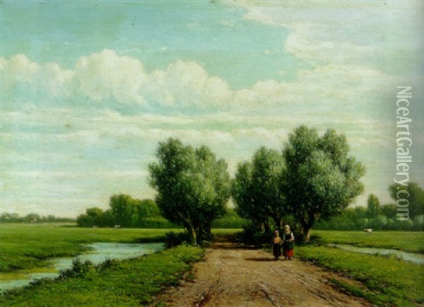 A Summer Landscape With A Peasant Woman And Child Walking On A Sandy Track Oil Painting - Jacob Jan van der Maaten