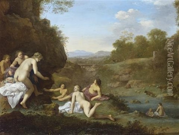 An Italianate Landscape With Nymphs Bathing At A River, A Hermit Contemplating A Crucifix In The Distance Oil Painting - Cornelis Van Poelenburgh