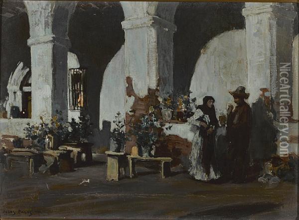 The Cloister, San Fernando Mission By Moonlight Oil Painting - Jules Eugene Pages