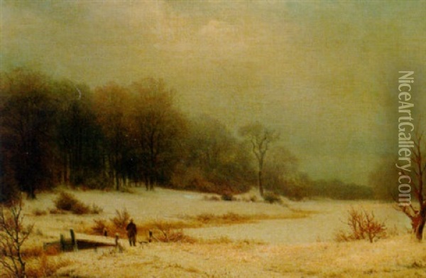 A Snowy Landscape With A Hunter And His Dog Oil Painting - Nordahl (Peter Frederik N.) Grove