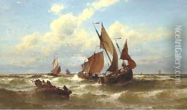 Bateaux de Blankenberghe fishing on a choppy sea Oil Painting - Theodor Alexander Weber