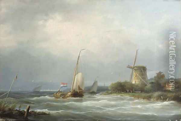 A sailing barge entering a waterway Oil Painting - Nicolaas Riegen