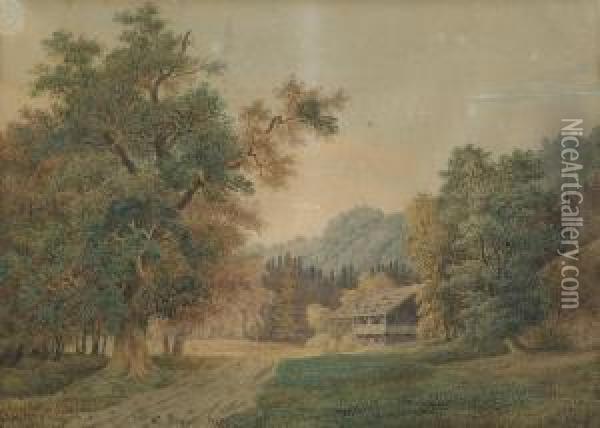 Waldige Landschaft Mit Holzhaus Oil Painting - Lorenzo I Quaglio