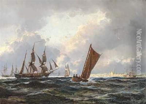 Sejlskibe Ud For Kronborg I Overskyet Vejr Oil Painting - Holger Henrik Herholdt Drachmann