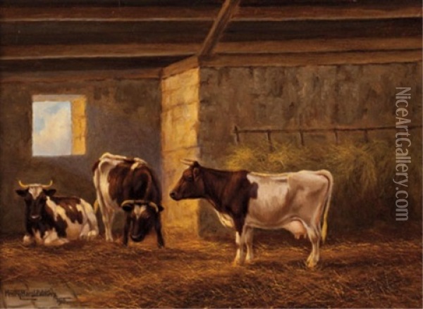 Sheep & Cattle In Stables (2 Works) Oil Painting - Henry Harold Vickers