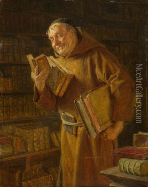 Monk In The Library. 1894. Oil Painting - Eduard Von Grutzner