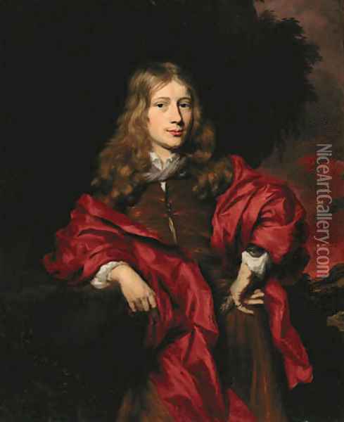 Portrait of a gentleman, small three-quarter-length, in a brown tunic with a red cloak in a wooded landsape at sunset Oil Painting - Nicolaes Maes