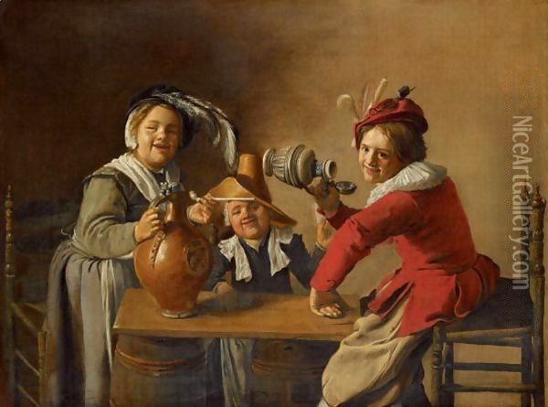 An Interior With Children Drinking And Mischief-Making Oil Painting - Jan Miense Molenaer