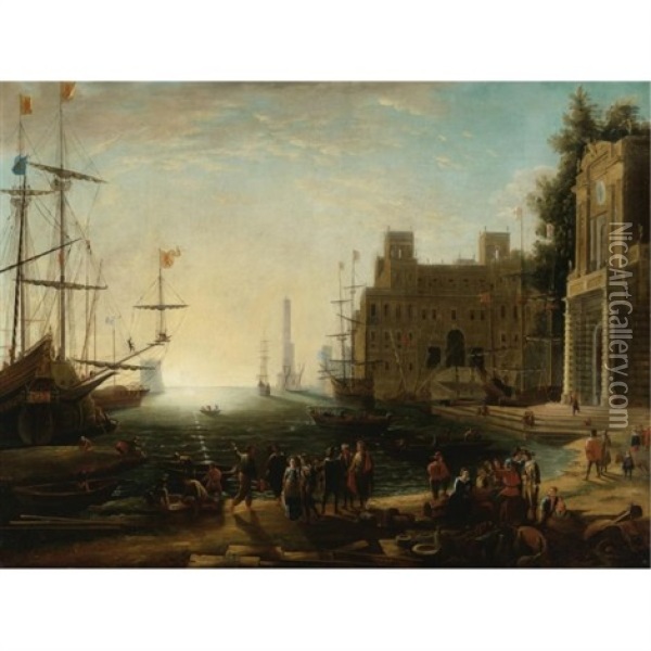View Of A Bustling Port Oil Painting - Claude Lorrain