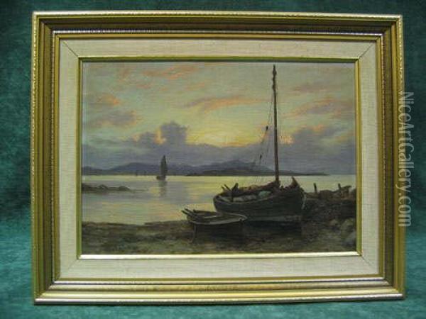 Fishing Boats On Shore Oil On Canvas 25cm X 35.5cm Oil Painting - William Dalglish