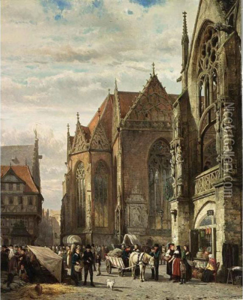 Many Figures On The Market Square In Front Of The Martinikirche, Braunschweig Oil Painting - Cornelis Springer