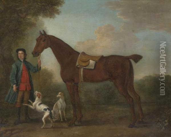 A Groom And Horse In A Landscape With Two Hounds Oil Painting - John Wootton