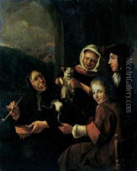 Vier Personen Belustigen Sich Mit Einer Katze. Oil Painting - Jan Steen