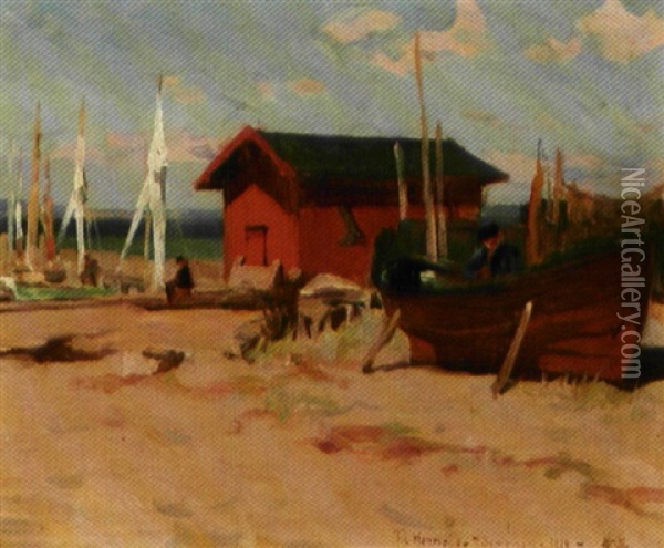 Strandparti Med Badehus Og Sejlskibe Oil Painting - Erik Ludwig Henningsen