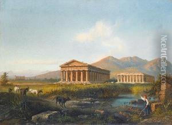 Cattle Watering At A Pool Before The Temples At Paestum Oil Painting - Giovanni Serritelli
