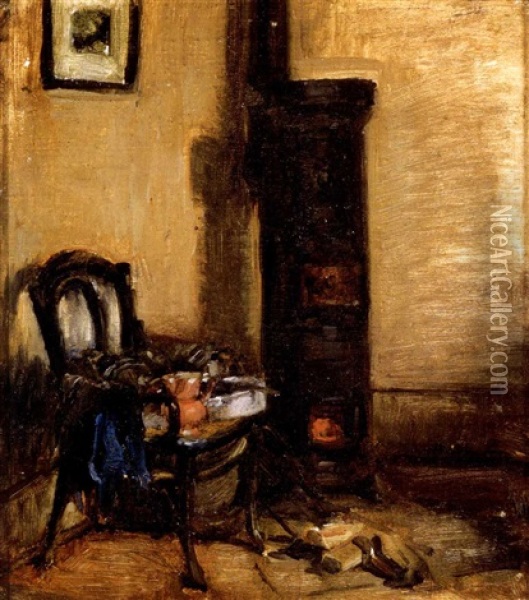 Szobabelso Kalyhaval - Kalyha Szekkel (interior With A Stove - Stove And Chair) Oil Painting - Janos Nagy Balogh