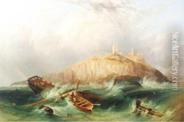 Shipwreck Off The Coat At Dunstanburgh Castle Oil Painting - John Callow