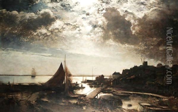 Moonlit Harbour Scene Oil Painting - Alfred Wahlberg