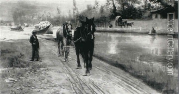Horses Towing A Barge In A Canal Landscape Oil Painting - Leopoldo Burlando