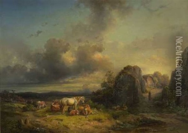 Vieh Auf Der Weide In Felsiger Landschaft Oil Painting - Edmund Mahlknecht