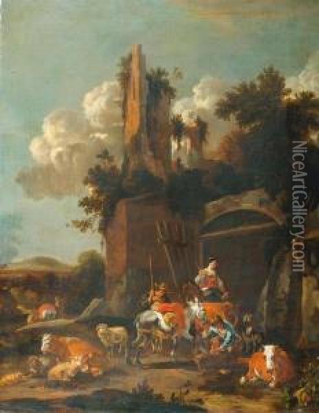 Blacksmith And Herdsmen With Animals Before Some Ruins. Oil Painting - Rembrandt Van Rijn
