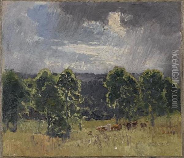 Landscape With Cattle And Storm Clouds Oil Painting - Elioth Gruner