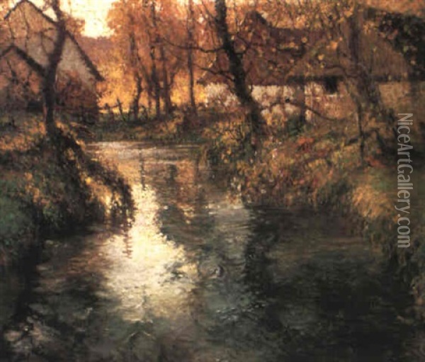 Autumn Landscape With Thatched Cottages Hugging A Bend In A Stream Oil Painting - George Ames Aldrich