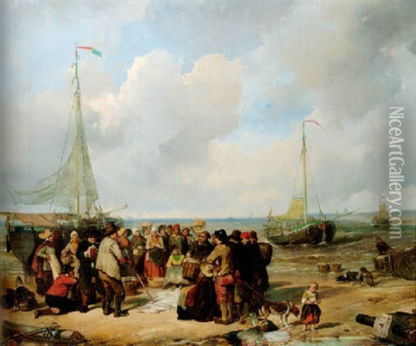 De Afschlag Van Visch Aan Het Strand Te Scheveningen Oil Painting - Herman Frederik Carel ten Kate