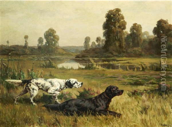 Gordon And English Setters In The Field Oil Painting - Percival Leonard Rosseau