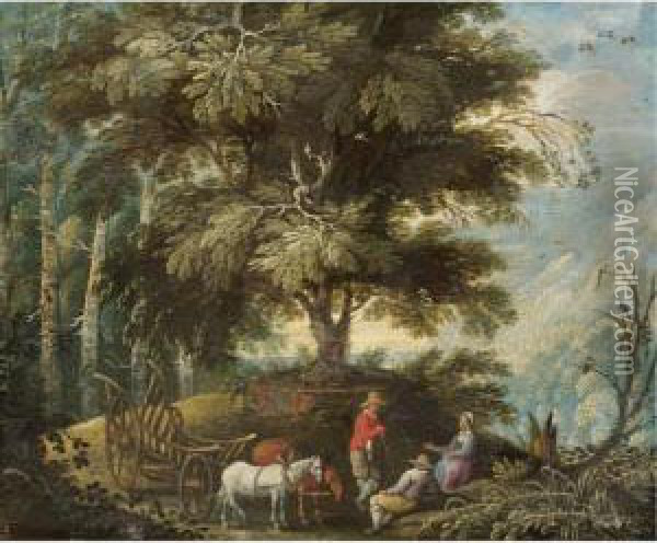 A Mountainous Landscape With Figures Resting On A Path Beside A Wagon Oil Painting - Mattheus Adolfsz Molanus
