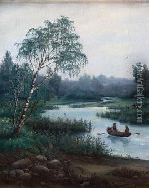 Pommersche Flusslandschaft Mit Birke Und Ruderboot Auf Dem Wasser Oil Painting - Max Schroder-Greifswald