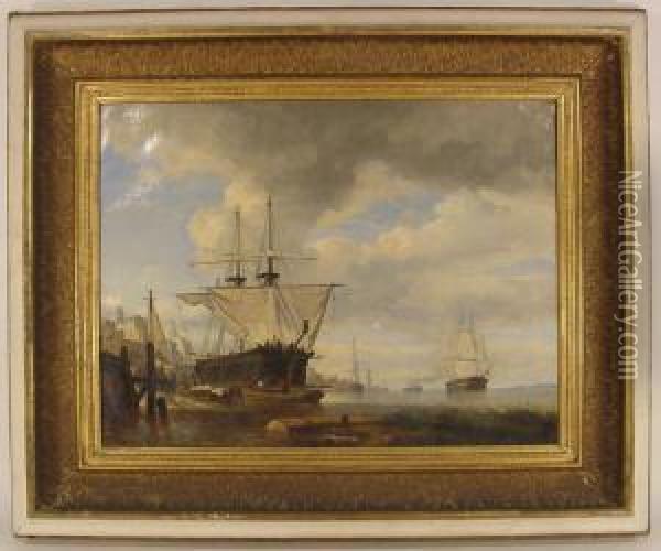 Sailing Shipsin Port Oil Painting - Julius Schaumburg
