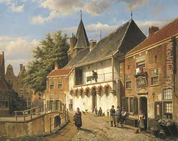 Dutch Street with Figures by an Inn by a Bridge Oil Painting - Willem Koekkoek