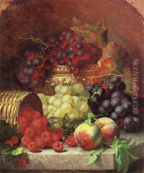 Black Grapes in a Gilt Bowl, Black and White Grapes in a Crystal Bowl, Peaches,Raspberries in a Wicker Basket and a Wasp on a Marble Ledge Oil Painting - Eloise Harriet Stannard