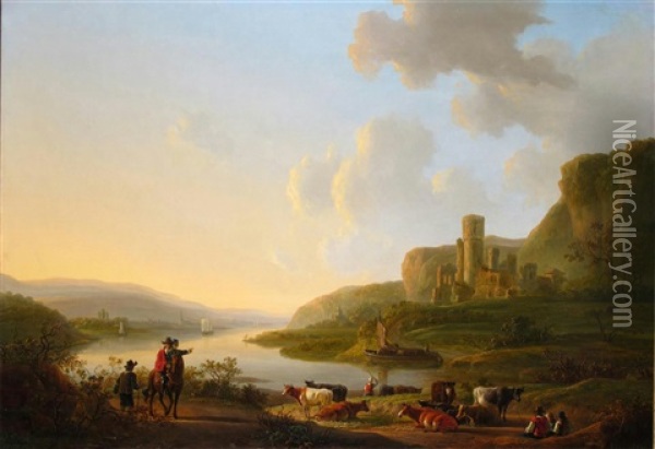 Travellers, Herdsmen And Cattle In An Extensive River Landscape With A Castle And Distant Town Oil Painting - Jacob Van Stry