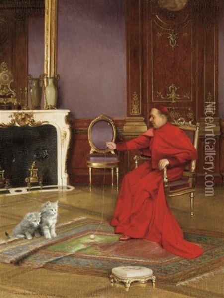 The Cardinal And His Kittens Oil Painting - Georges Croegaert