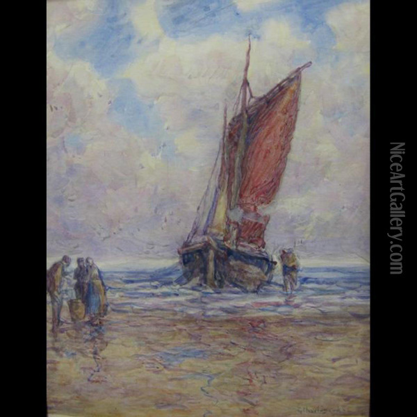 Fisherfolk On Beach; White Homestead; Going Fishing Oil Painting - Georges Chavignaud